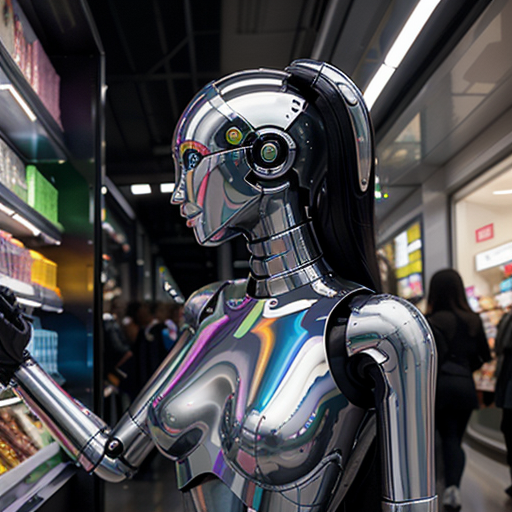 A sleek, chrome robot hand delicately sorting through a cascade of colorful shopping icons.